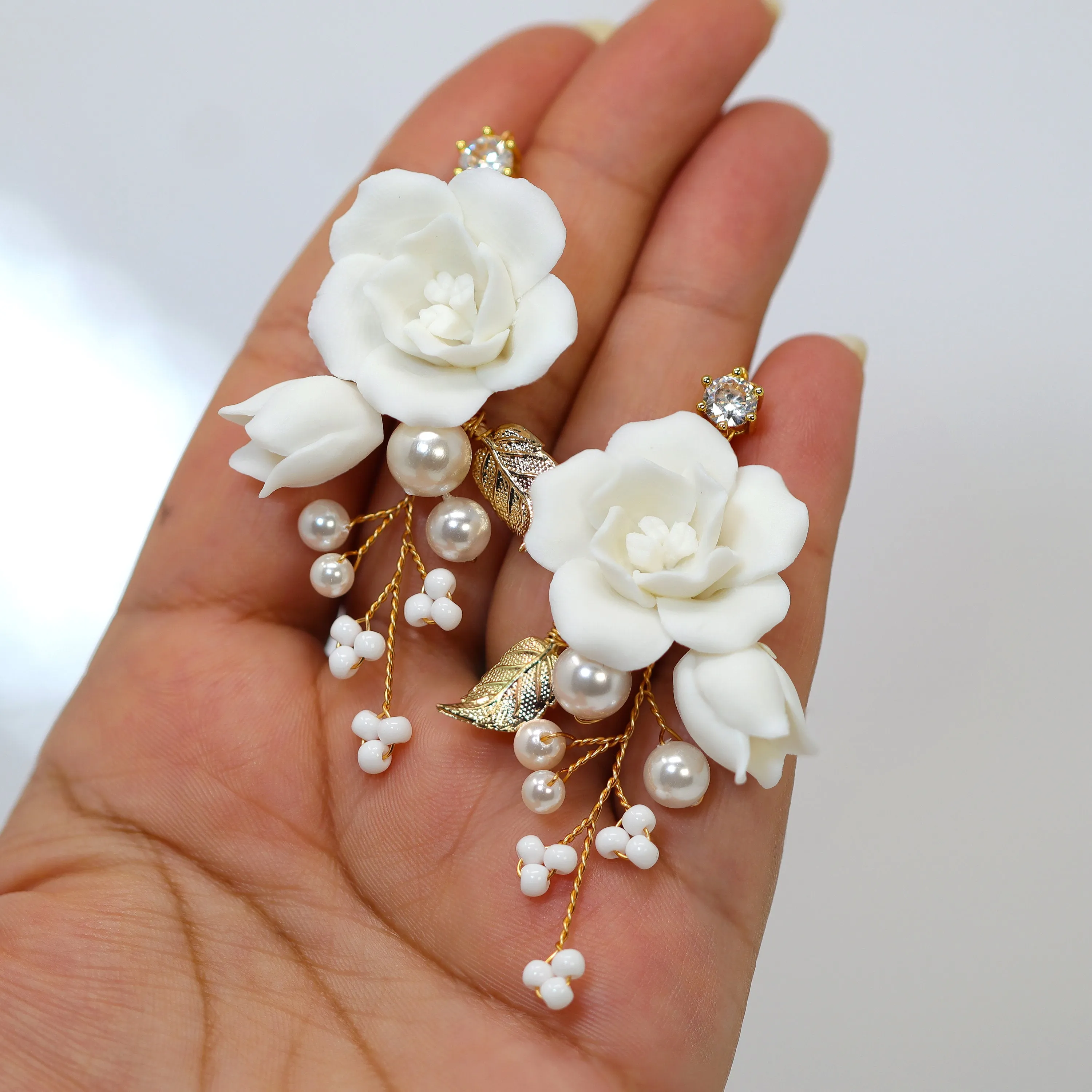 Pearl Dusted White Rose And Lily Blossom Earring , Bridal Ceramic Rose Earring, Bridal Hair Accessories, Wedding Earring.