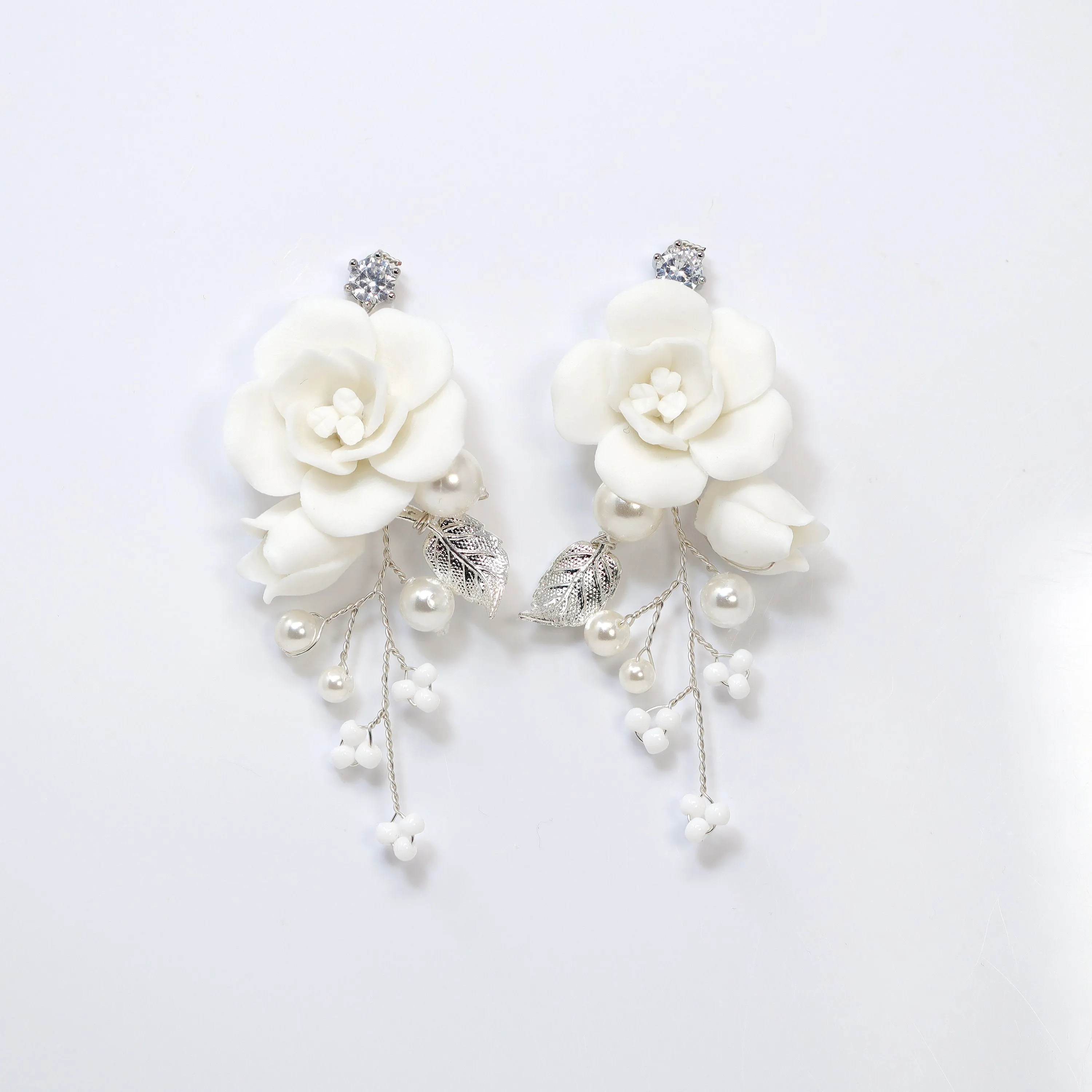 Pearl Dusted White Rose And Lily Blossom Earring , Bridal Ceramic Rose Earring, Bridal Hair Accessories, Wedding Earring.