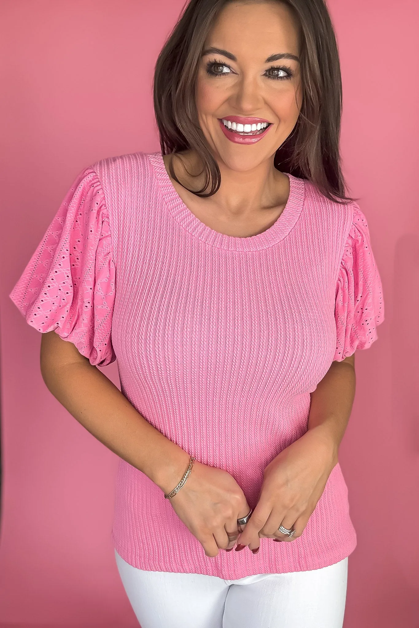 Pink Cable Knit Short Sleeve Round Neck Top