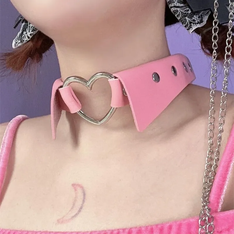 Pink Fake Collar Hollow SIiver Heart PU Choker ON789