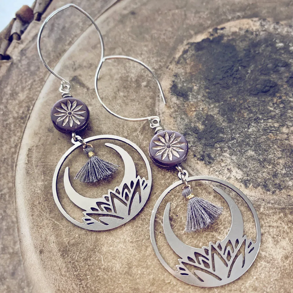 purple aster & lotus // czech glass bead with lotus flower hoop & tiny tassel stainless steel earrings