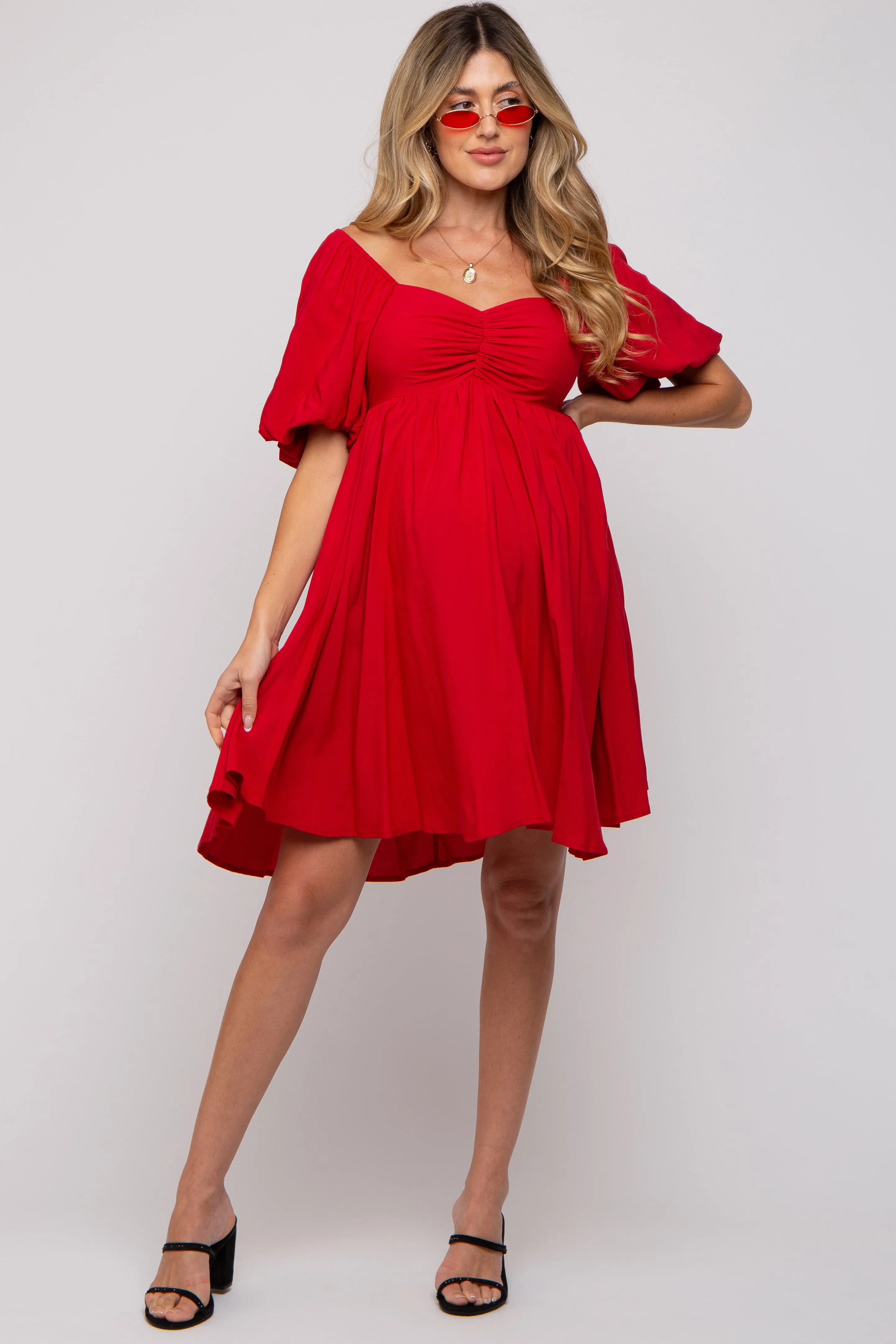 Red Puff Sleeve Maternity Dress