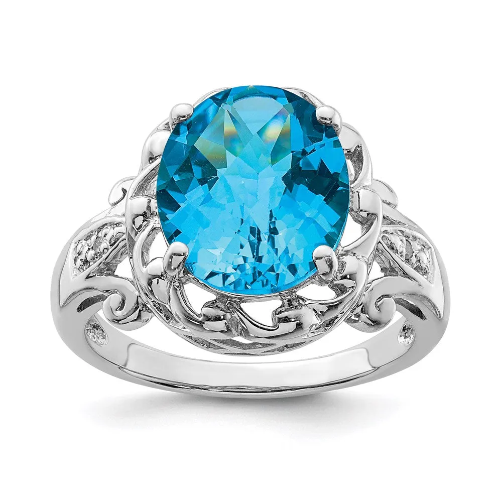 Rhodium Oval Checker-Cut Blue Topaz & Diamond Ring in Sterling Silver