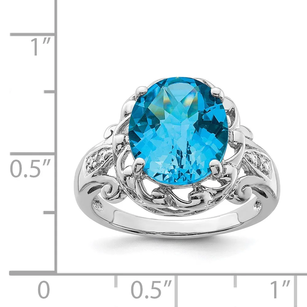 Rhodium Oval Checker-Cut Blue Topaz & Diamond Ring in Sterling Silver