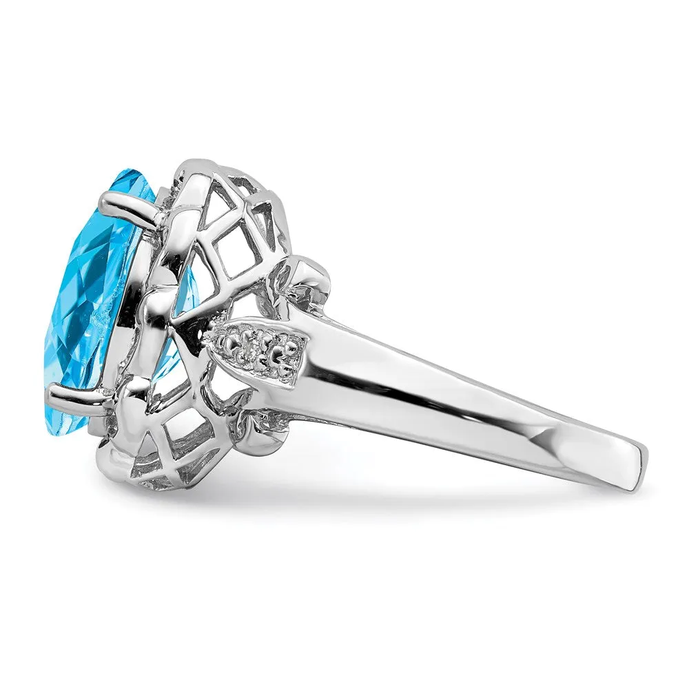 Rhodium Oval Checker-Cut Blue Topaz & Diamond Ring in Sterling Silver