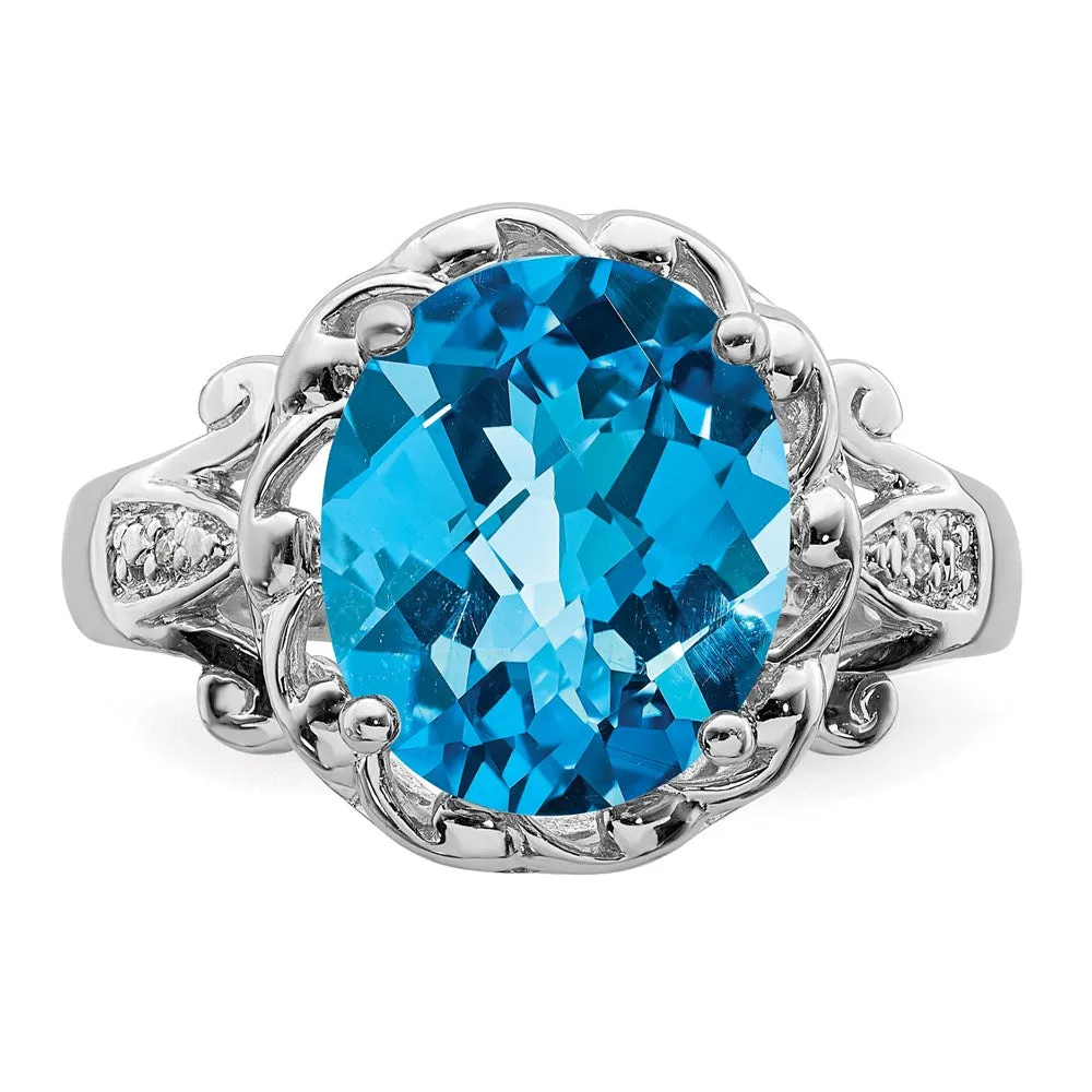 Rhodium Oval Checker-Cut Blue Topaz & Diamond Ring in Sterling Silver