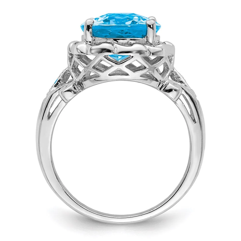 Rhodium Oval Checker-Cut Blue Topaz & Diamond Ring in Sterling Silver