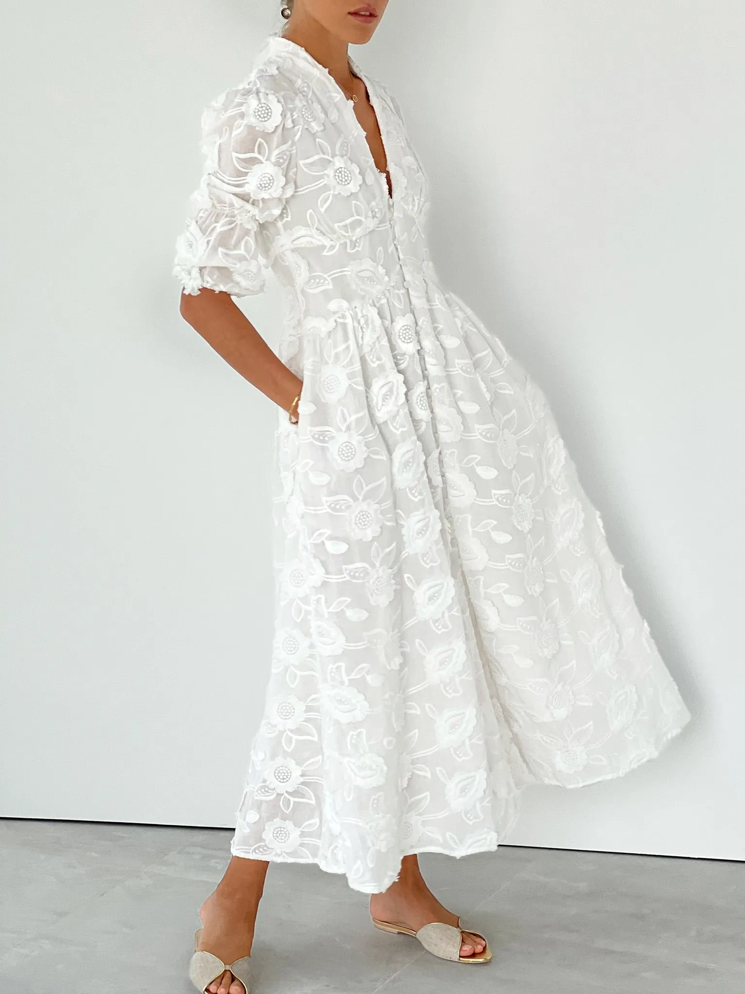 Sierra Embroidered Cotton Summer Day Dress | White