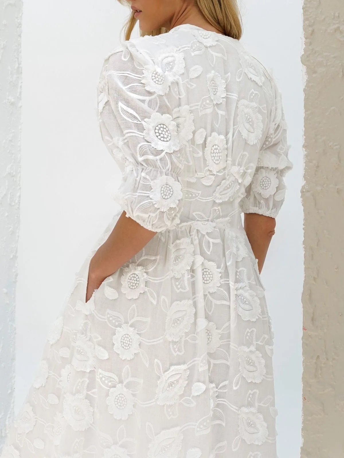 Sierra Embroidered Cotton Summer Day Dress | White