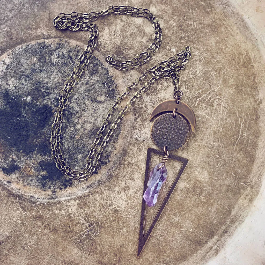 skygazer and night skygazer //  crescent moon, full moon, citrine or amethyst crystal and long triangle pendant necklace