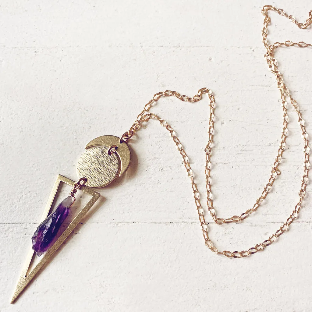 skygazer and night skygazer //  crescent moon, full moon, citrine or amethyst crystal and long triangle pendant necklace