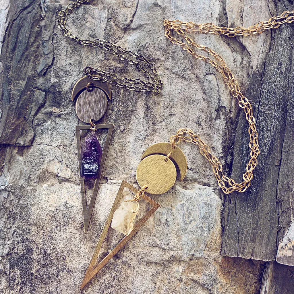 skygazer and night skygazer //  crescent moon, full moon, citrine or amethyst crystal and long triangle pendant necklace