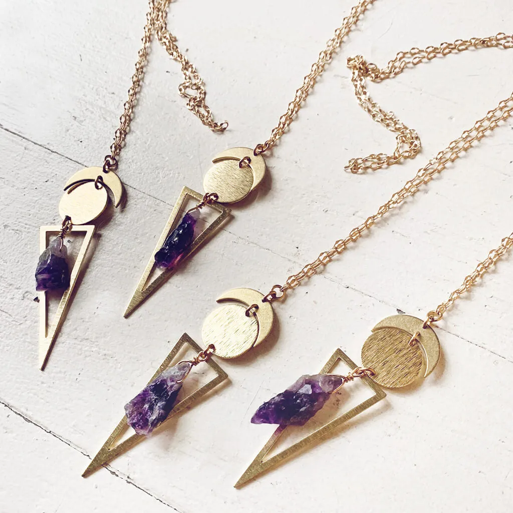 skygazer and night skygazer //  crescent moon, full moon, citrine or amethyst crystal and long triangle pendant necklace