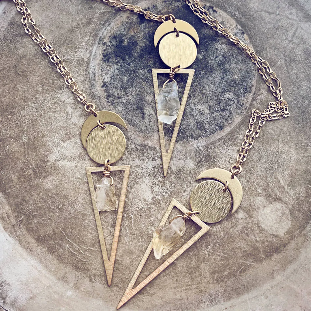 skygazer and night skygazer //  crescent moon, full moon, citrine or amethyst crystal and long triangle pendant necklace