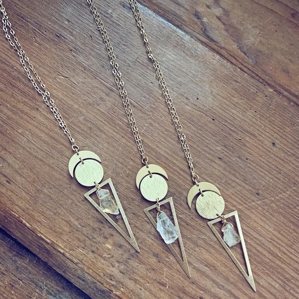 skygazer and night skygazer //  crescent moon, full moon, citrine or amethyst crystal and long triangle pendant necklace