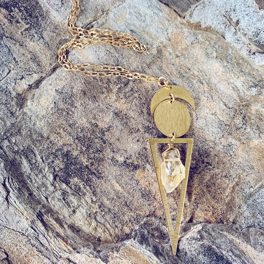 skygazer and night skygazer //  crescent moon, full moon, citrine or amethyst crystal and long triangle pendant necklace