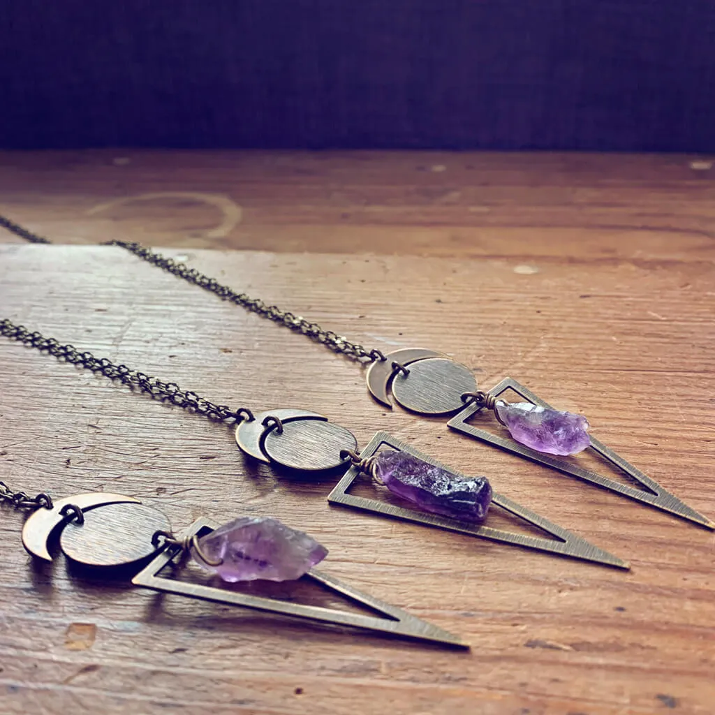 skygazer and night skygazer //  crescent moon, full moon, citrine or amethyst crystal and long triangle pendant necklace