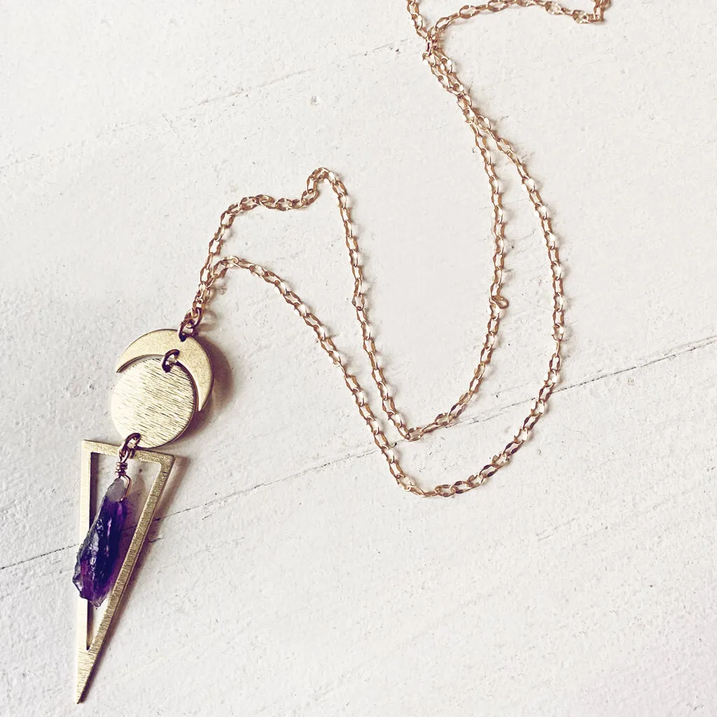 skygazer and night skygazer //  crescent moon, full moon, citrine or amethyst crystal and long triangle pendant necklace