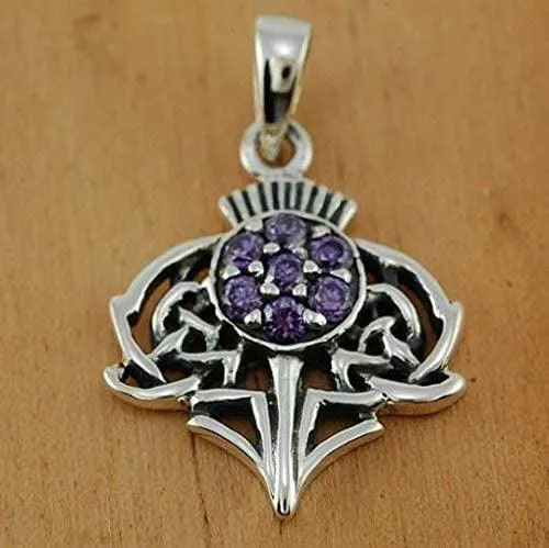 Small Thistle Silver Pendant set w/ Amethyst CZ