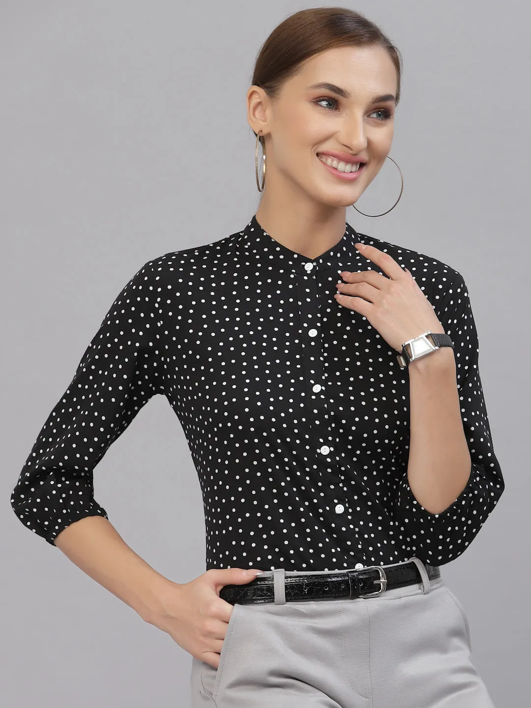 Style Quotient Women Black And White Polka Dot printed Polyester Formal Top