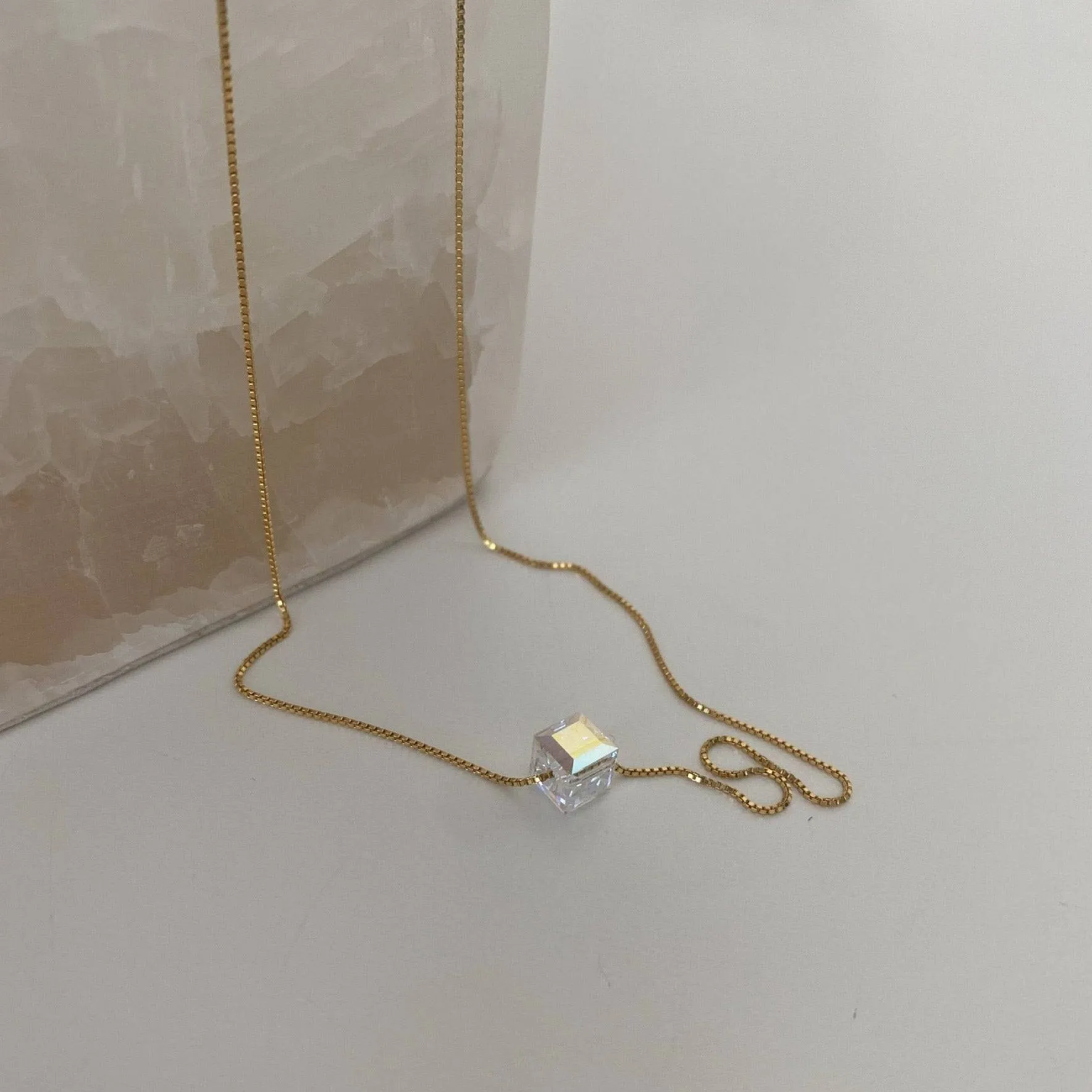 Symphony Swarovski Cube Crystal Necklace Gold Vermeil