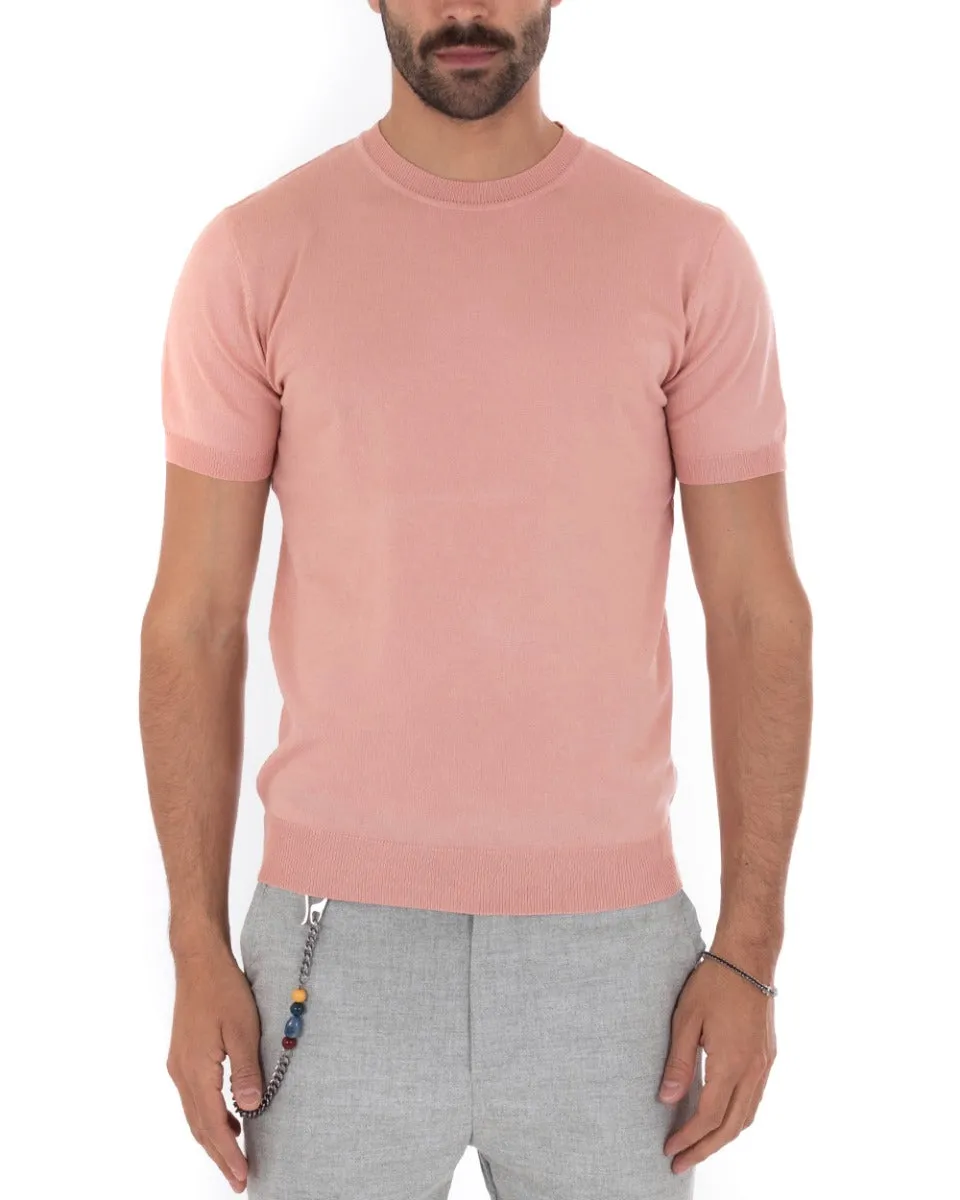 T-Shirt Uomo Manica Corta Tinta Unita Rosa Girocollo Filo Casual GIOSAL-TS2710A