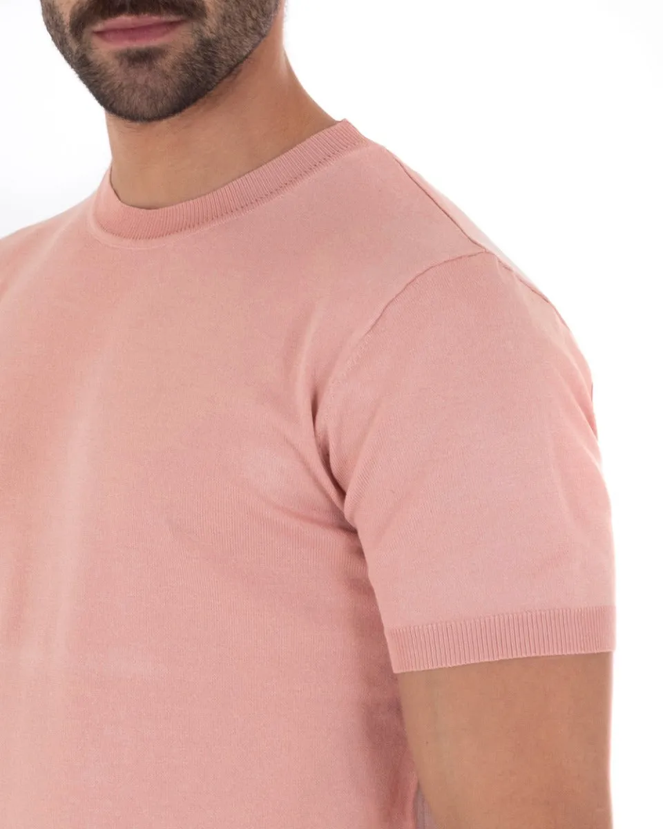 T-Shirt Uomo Manica Corta Tinta Unita Rosa Girocollo Filo Casual GIOSAL-TS2710A