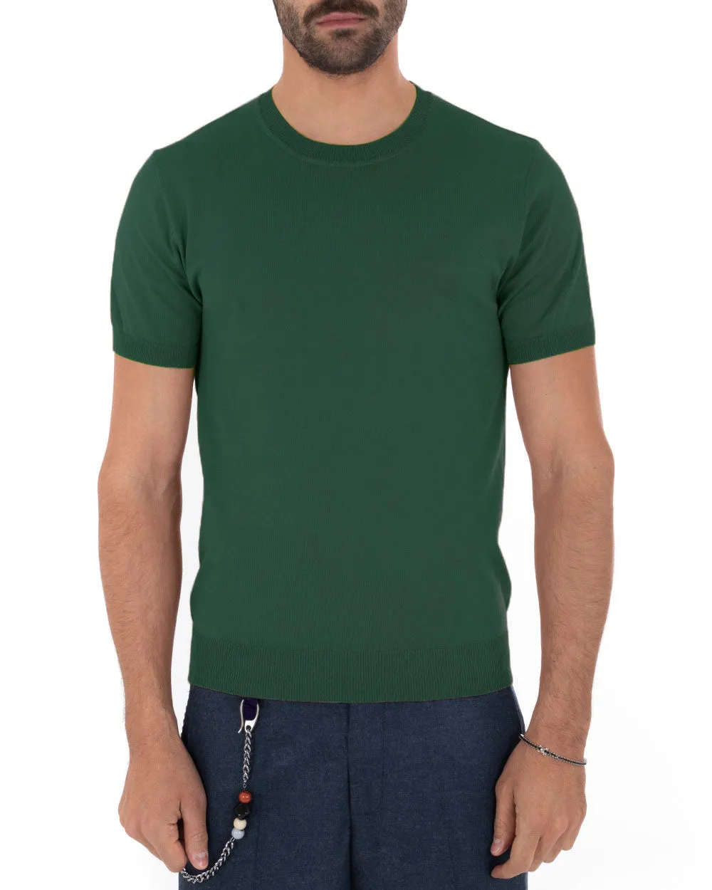 T-Shirt Uomo Manica Corta Tinta Unita Verde Bottiglia Girocollo Filo Casual GIOSAL-TS3051A