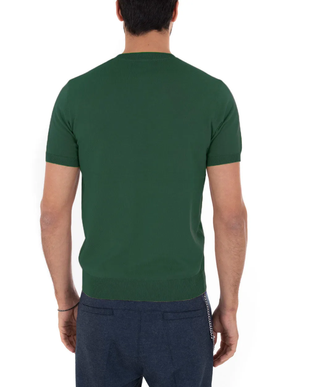 T-Shirt Uomo Manica Corta Tinta Unita Verde Bottiglia Girocollo Filo Casual GIOSAL-TS3051A