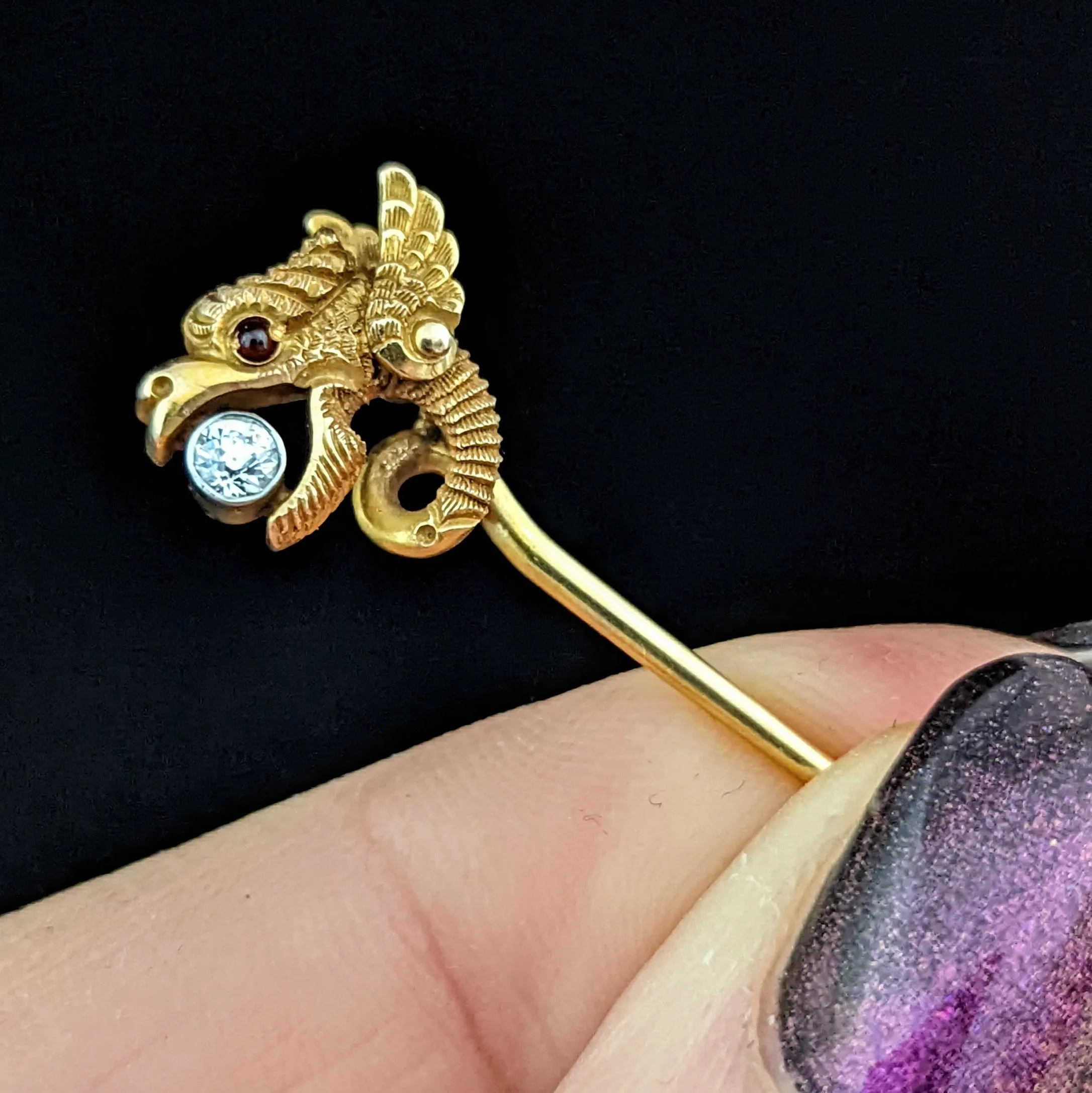 The Harligen - Art Nouveau Era Old Cut Diamond Garnet 14k Gold Dragon Stick Pin