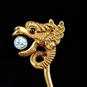 The Harligen - Art Nouveau Era Old Cut Diamond Garnet 14k Gold Dragon Stick Pin