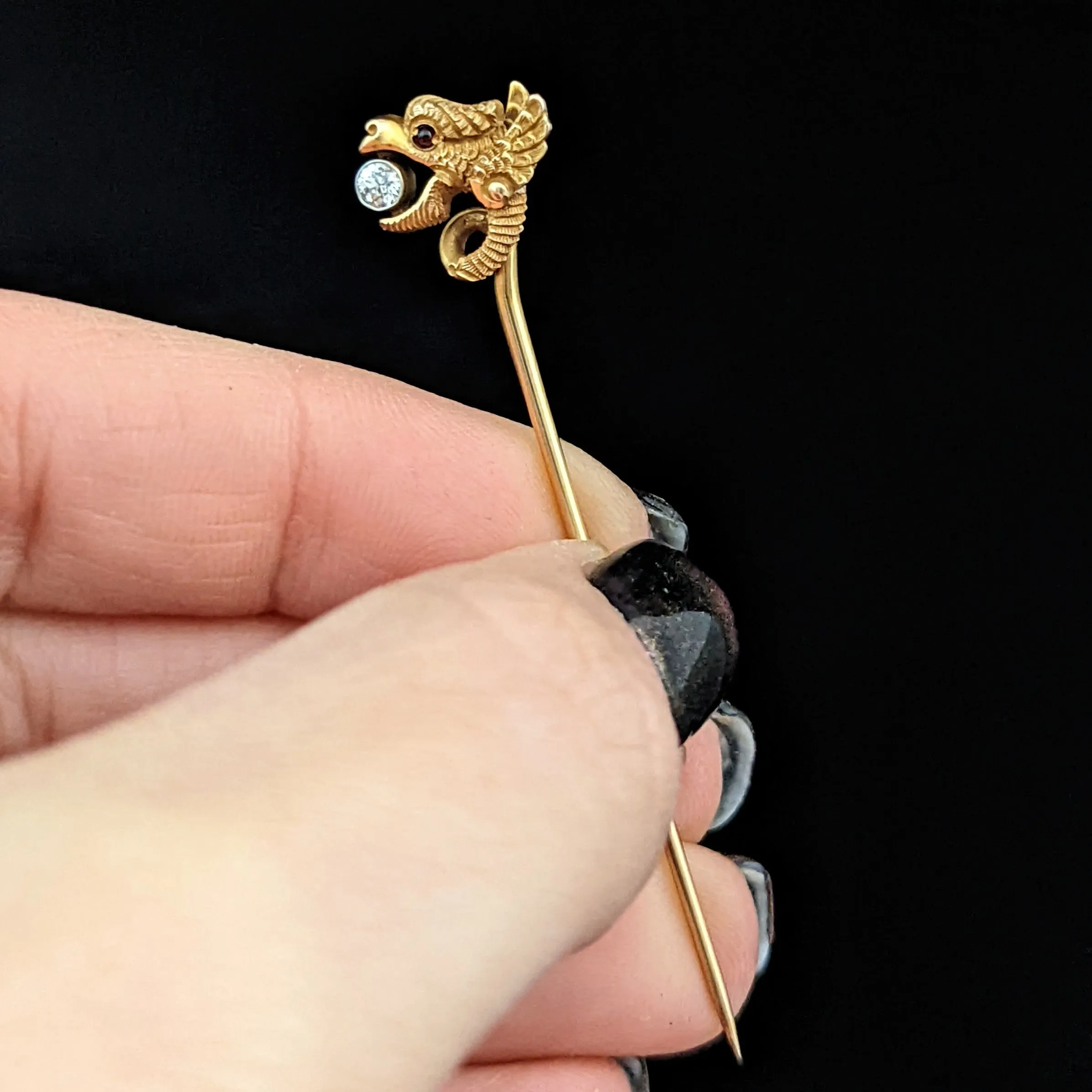 The Harligen - Art Nouveau Era Old Cut Diamond Garnet 14k Gold Dragon Stick Pin