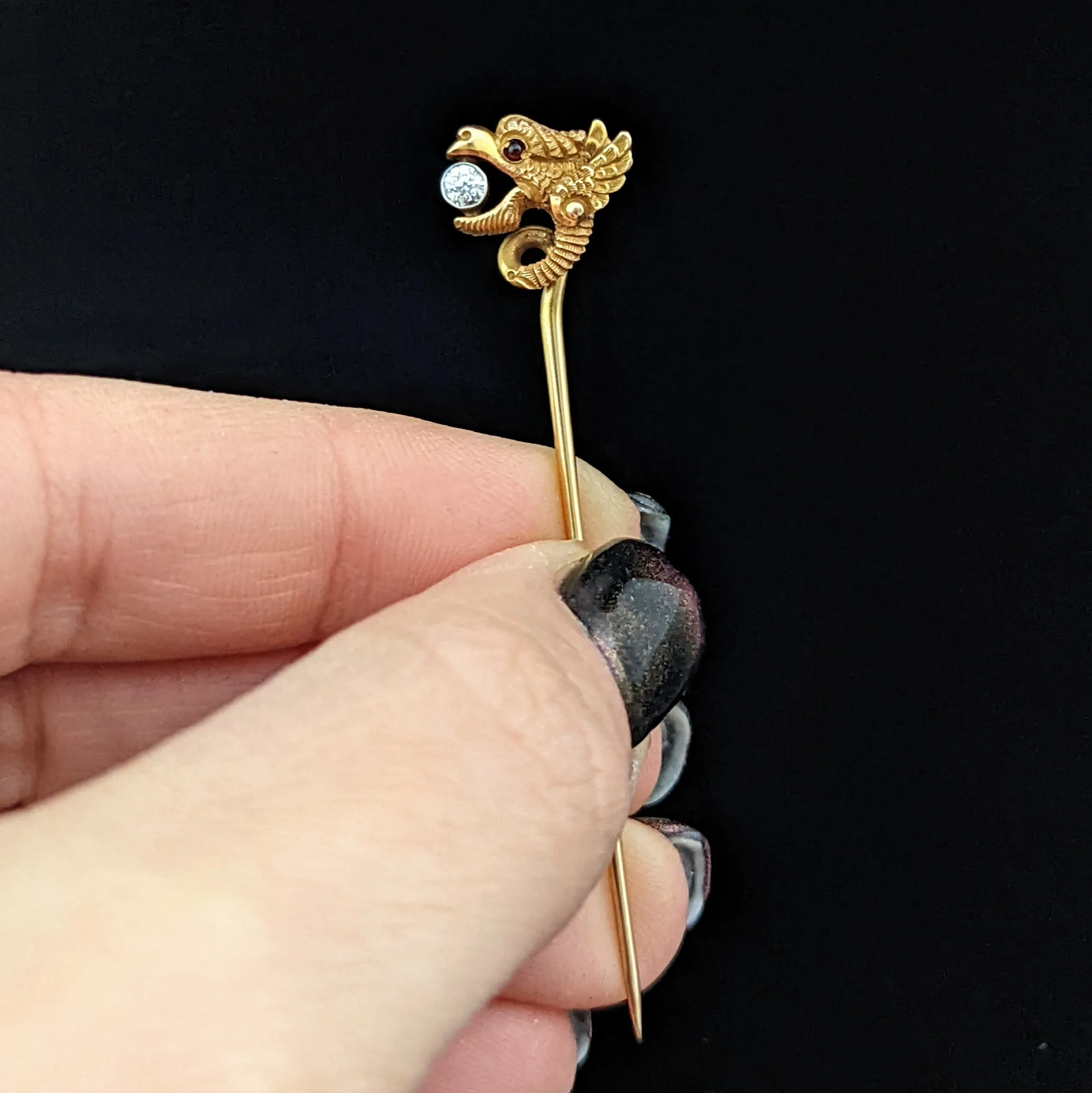 The Harligen - Art Nouveau Era Old Cut Diamond Garnet 14k Gold Dragon Stick Pin