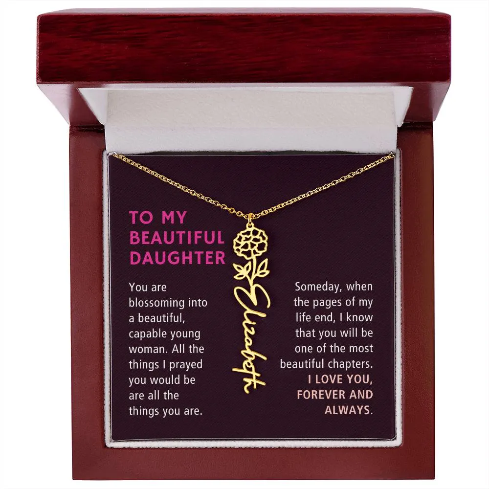 To Daughter Gift, Blossoming Into A Beautiful Young Woman, Custom Birth Flower Name Necklace