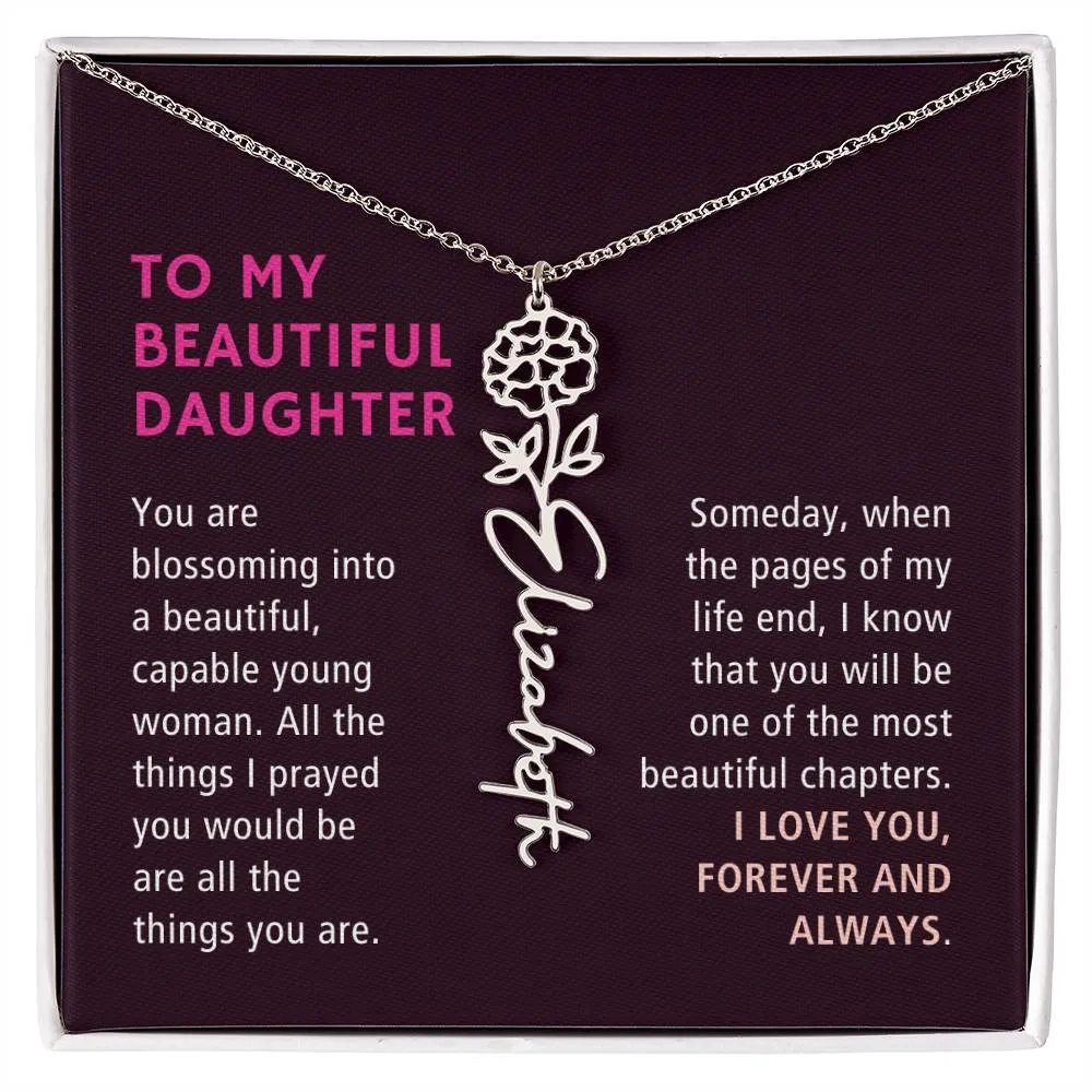 To Daughter Gift, Blossoming Into A Beautiful Young Woman, Custom Birth Flower Name Necklace