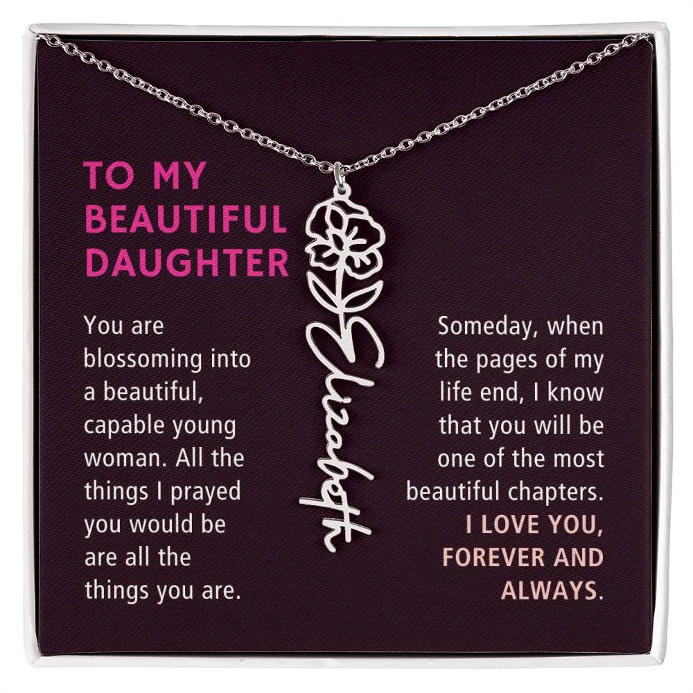 To Daughter Gift, Blossoming Into A Beautiful Young Woman, Custom Birth Flower Name Necklace