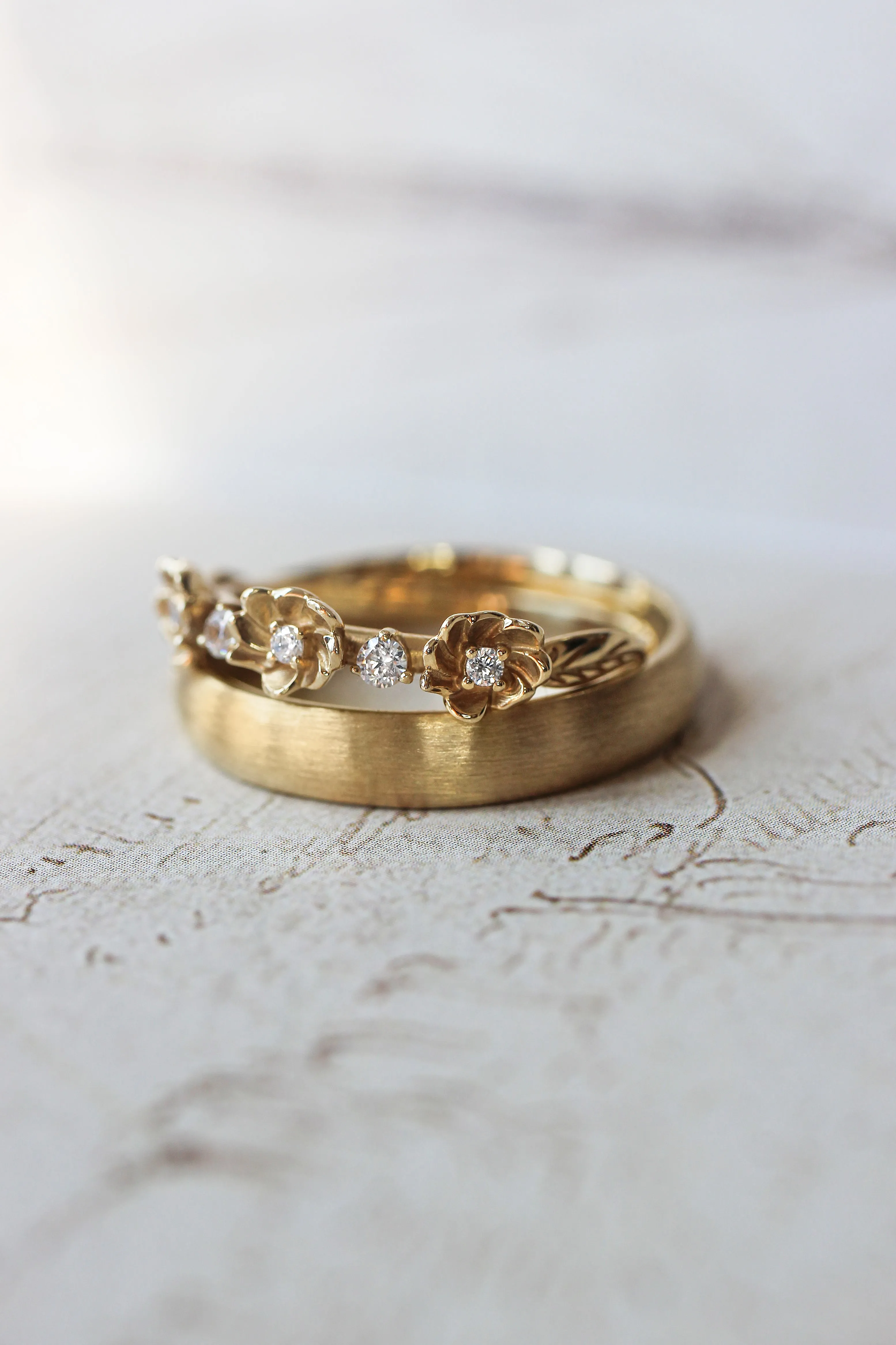 Wedding bands set for couple: satin band for him, flower ring for her