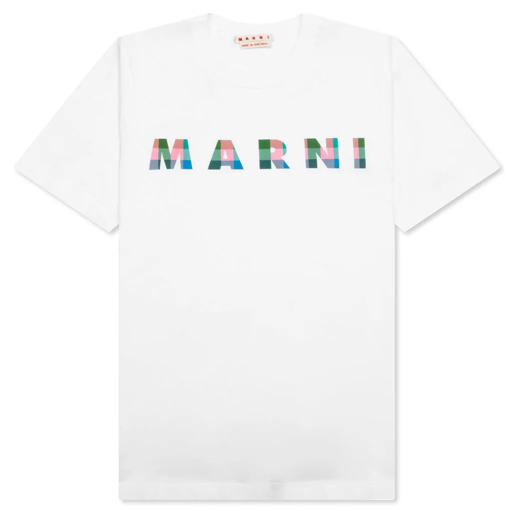 White Cotton T-Shirt With Gingham Logo - Lily White