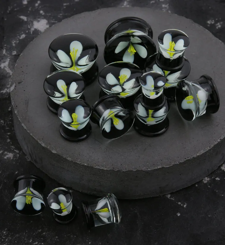 White Poppy Flower Black Glass Double Flare Plugs