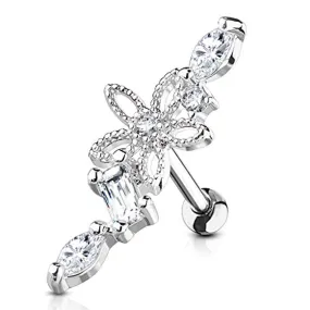 WildKlass Hollow Flower Centered CZ Vine 316L Surgical Steel Cartilage, Tragus Barbell Studs