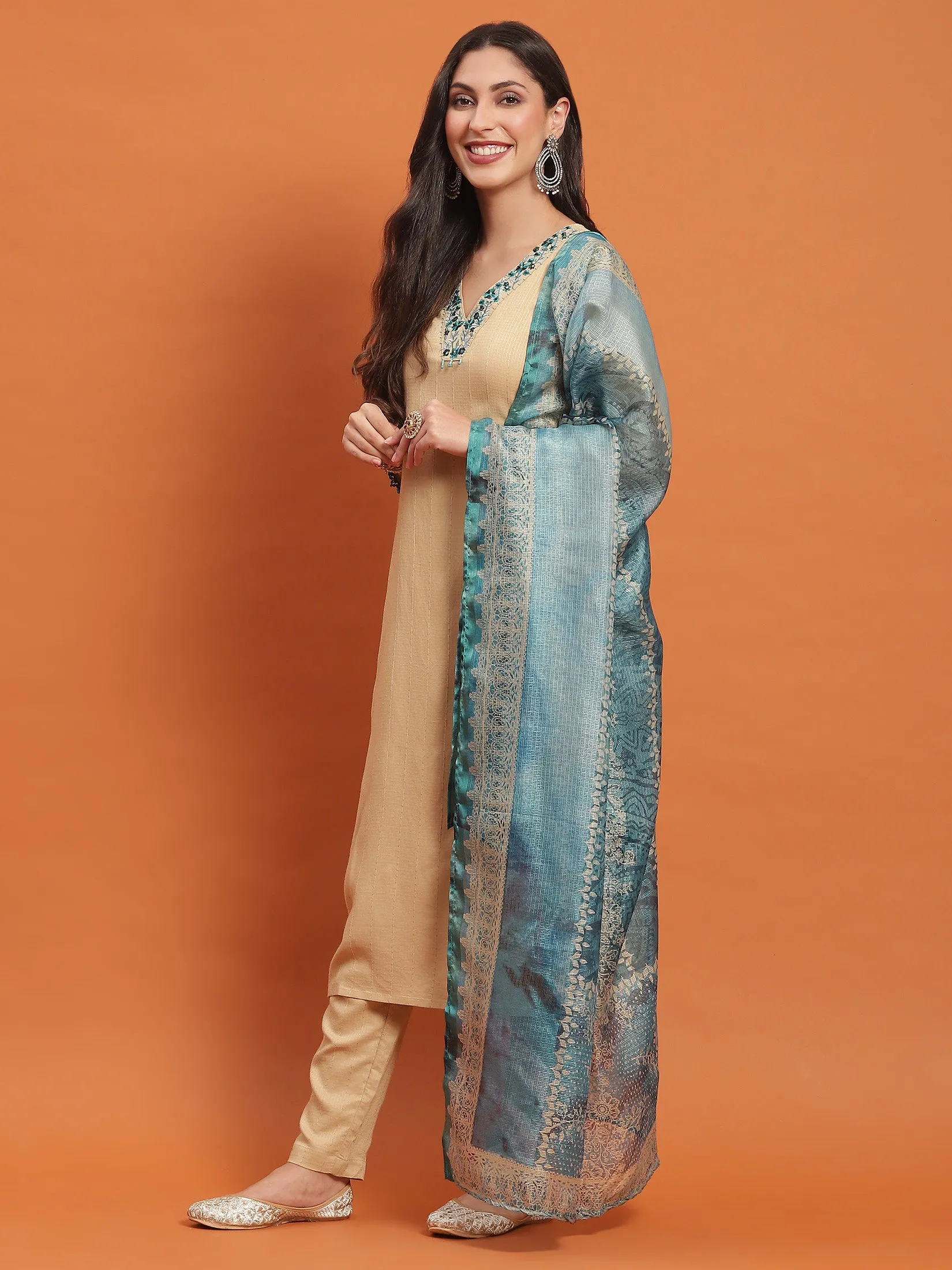 Women Beige Embroidered Kurta Trouser Dupatta