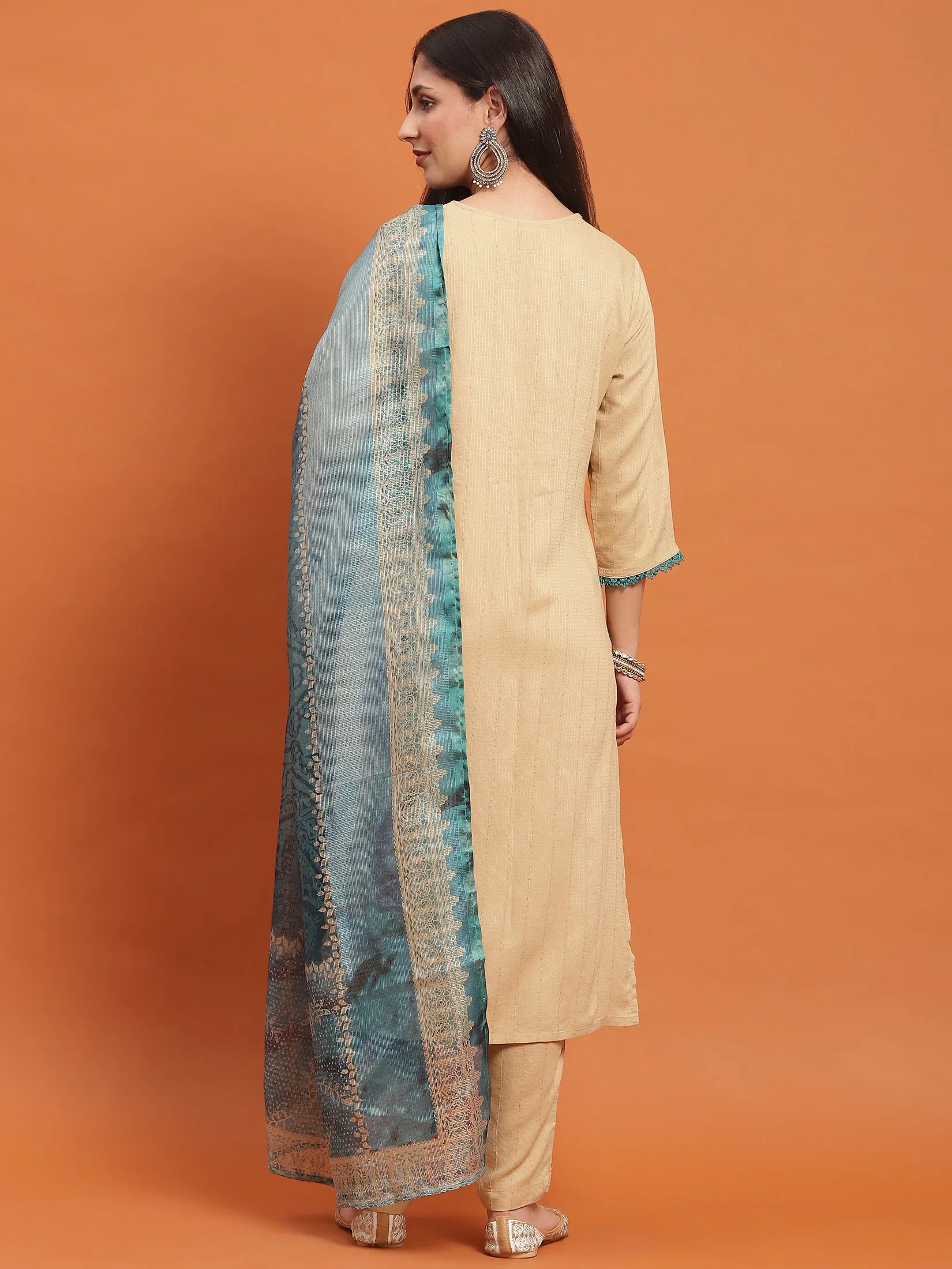 Women Beige Embroidered Kurta Trouser Dupatta