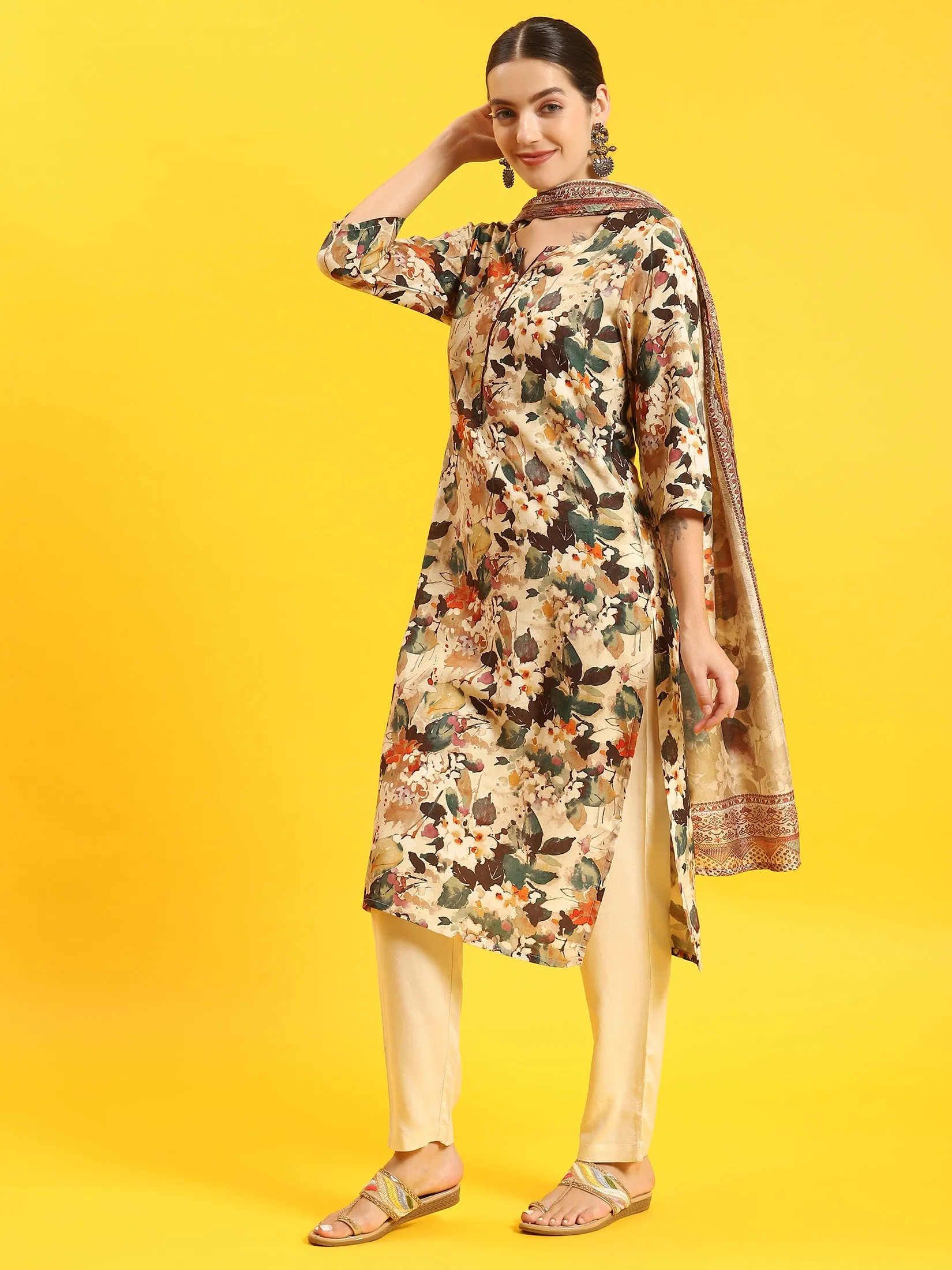 Women Beige Floral Print Kurta Trouser Dupatta