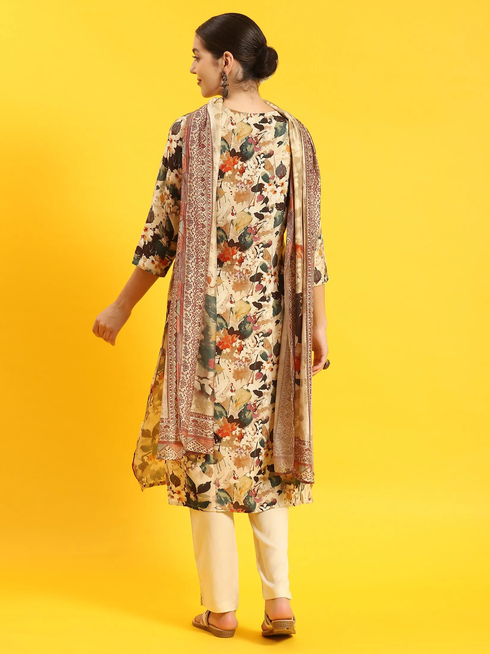 Women Beige Floral Print Kurta Trouser Dupatta