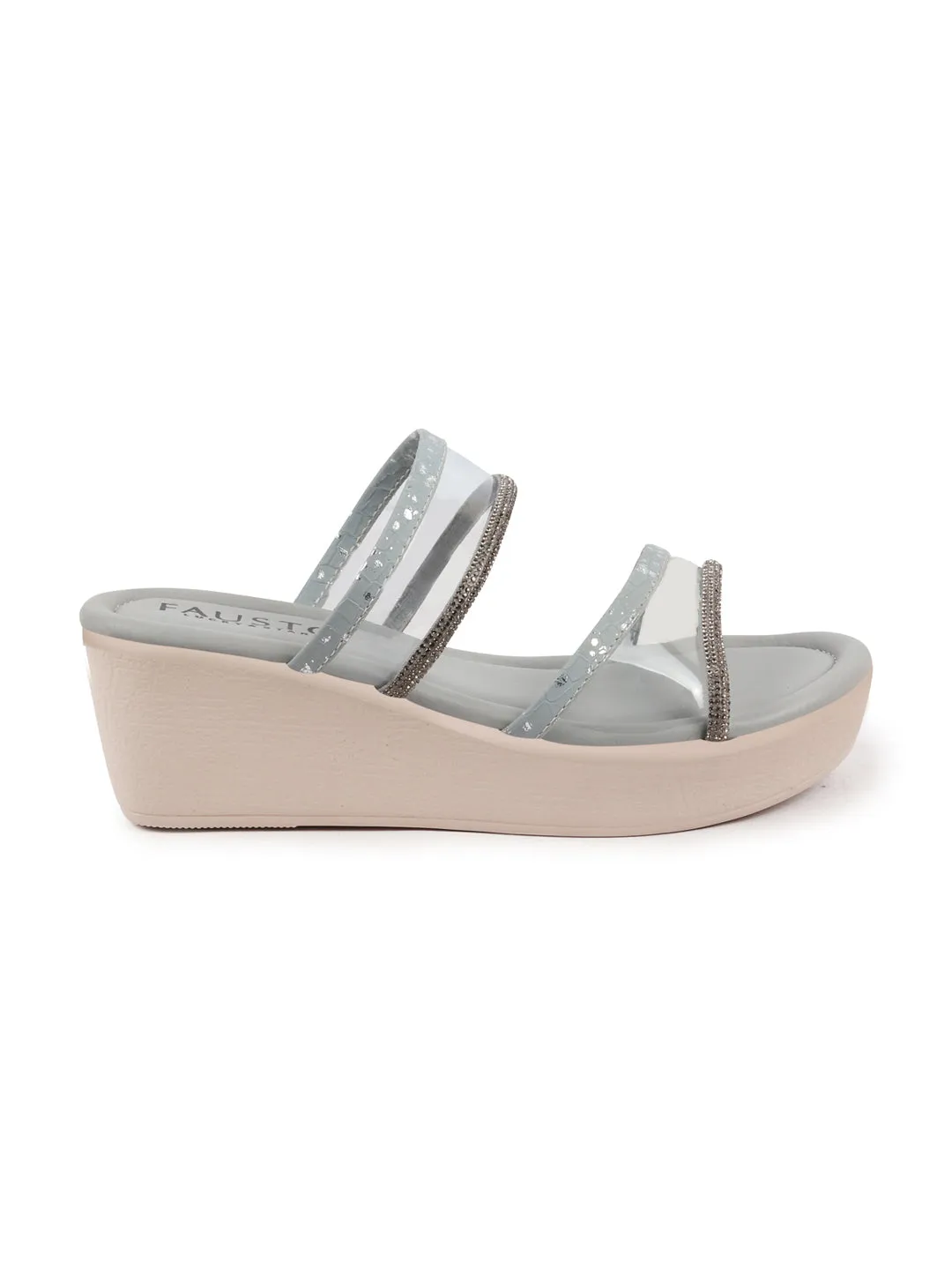 Women Grey Embellished Double Strap Slip On Wedge Sandal For Wedding|Party