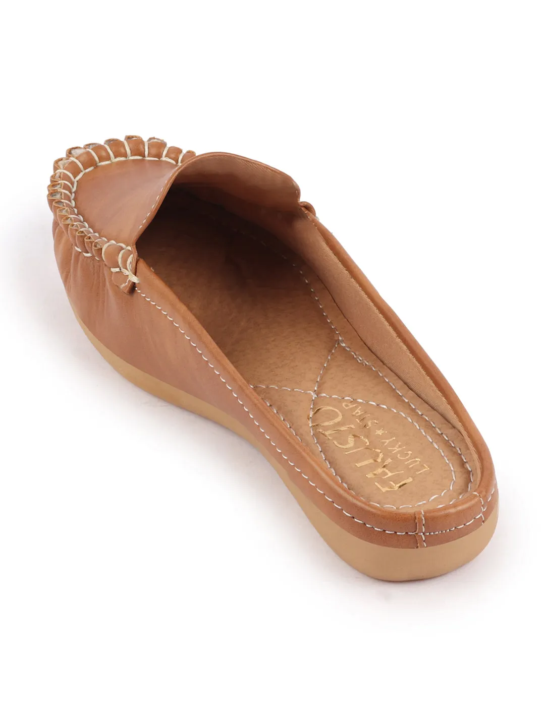 Women Tan Side Stitched Back Open Slip On Mules Shoes