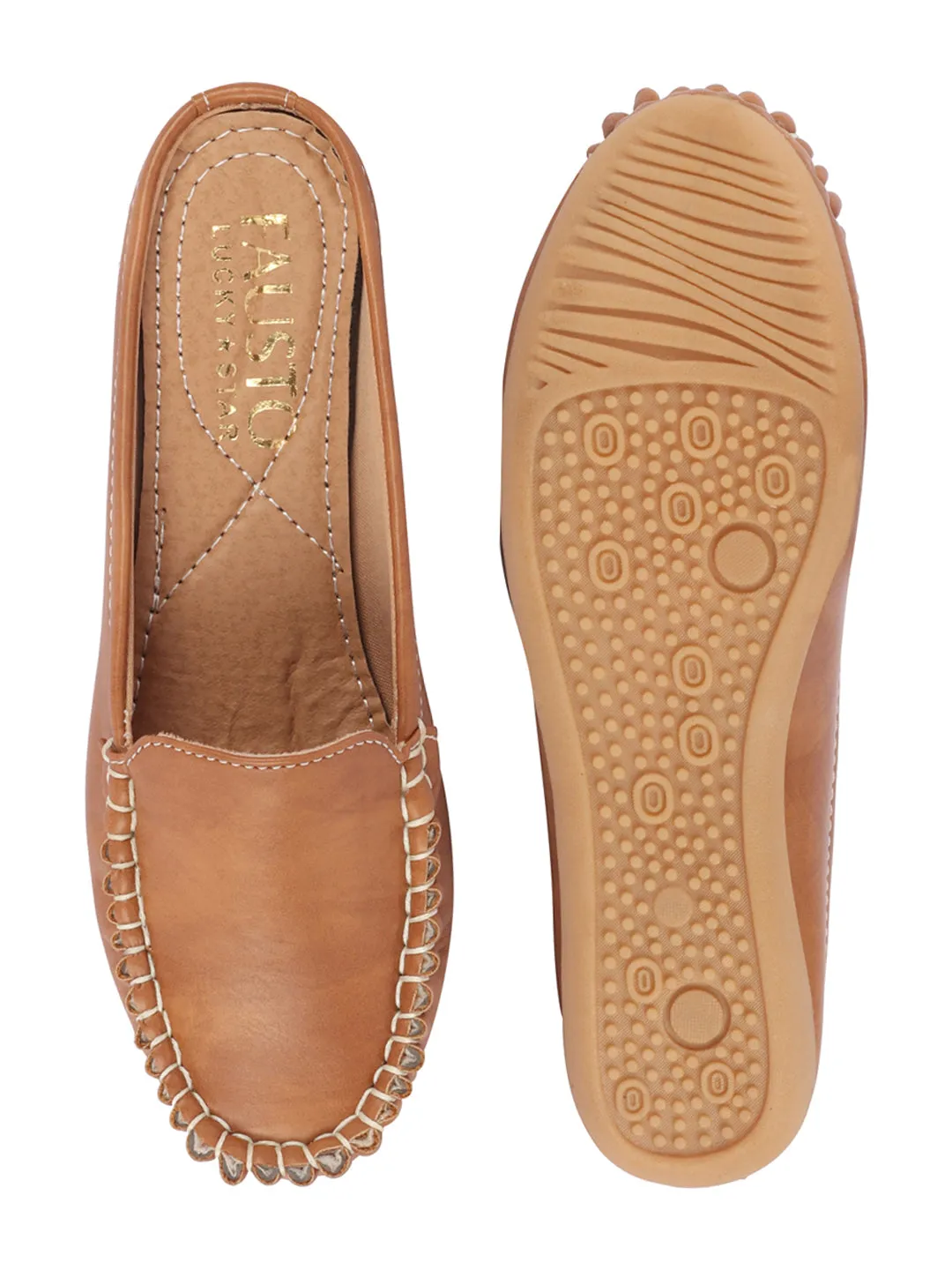 Women Tan Side Stitched Back Open Slip On Mules Shoes