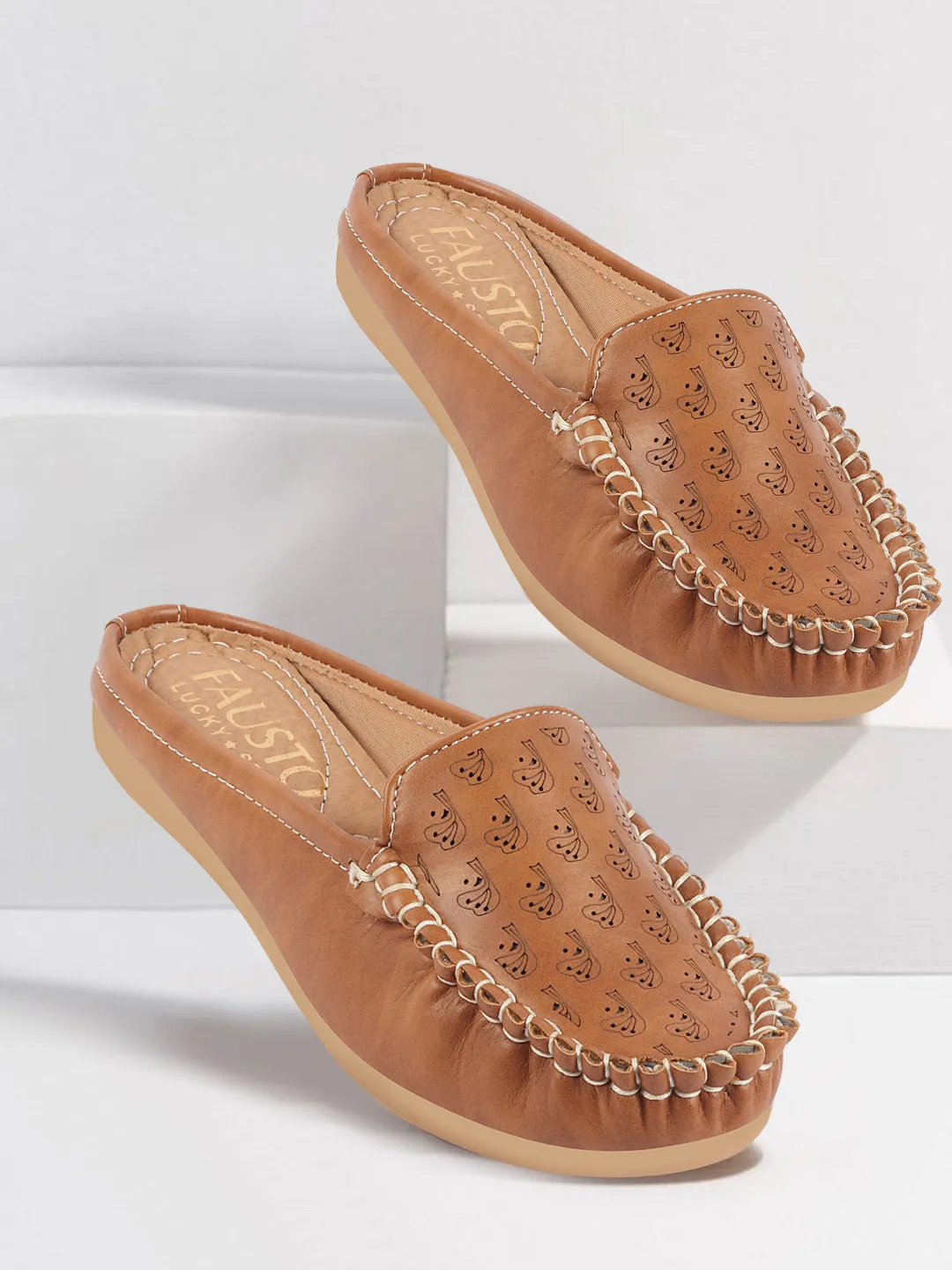 Women Tan Side Stitched Printed Back Open Slip On Mules Shoes