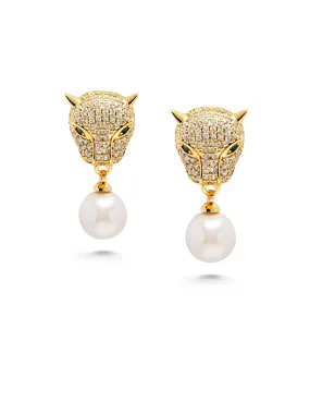 Women's Panther Earring with Pearl Drop